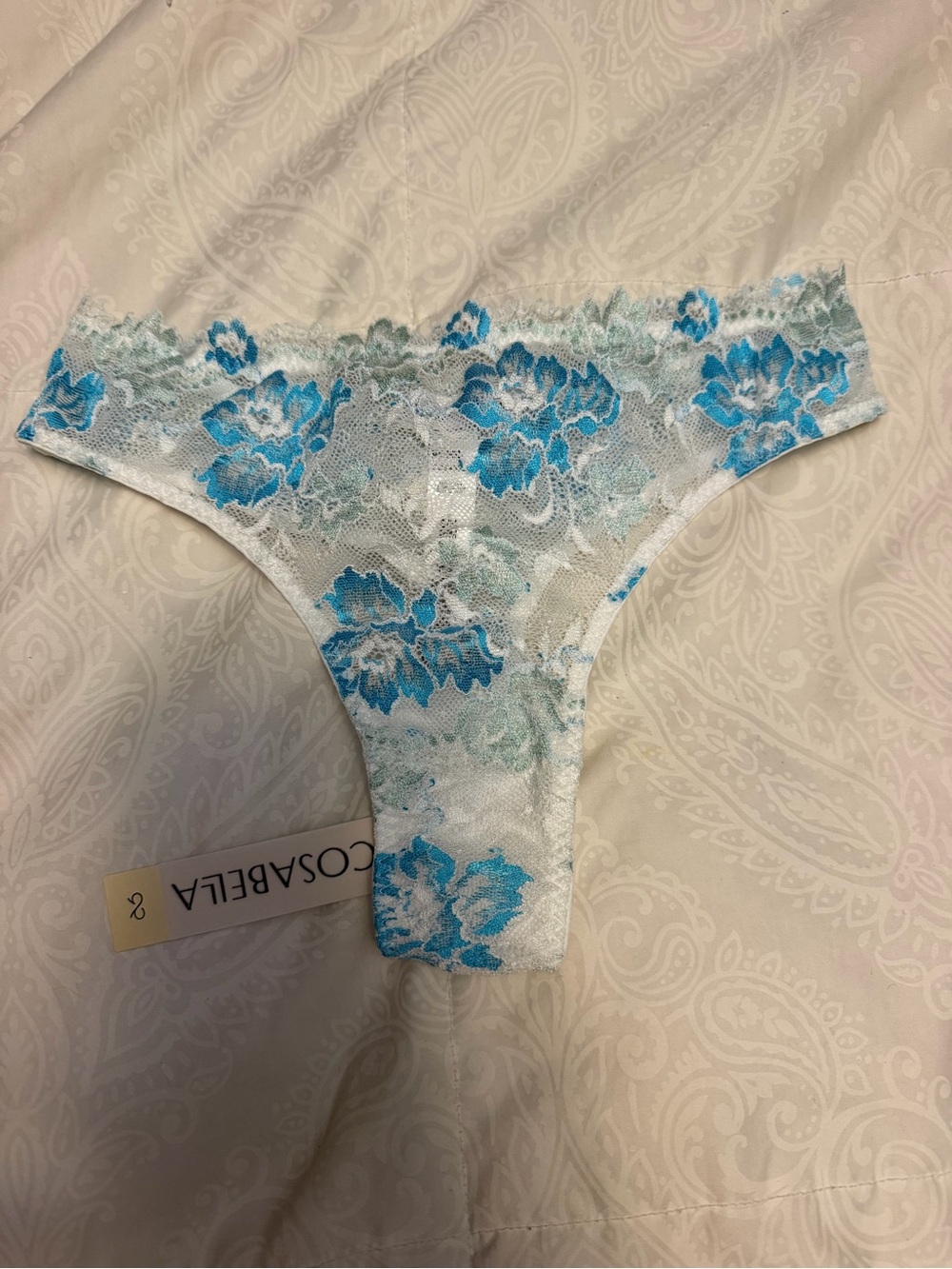 Cosabella Blue and White Floral Lace Thong